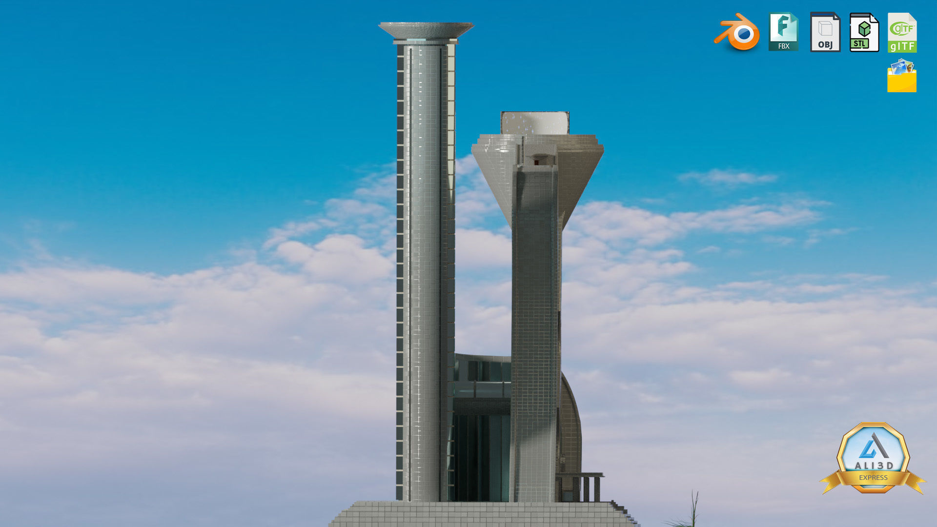 Stylized Dynamic Twin Tower Futuristic Building 3D model_4