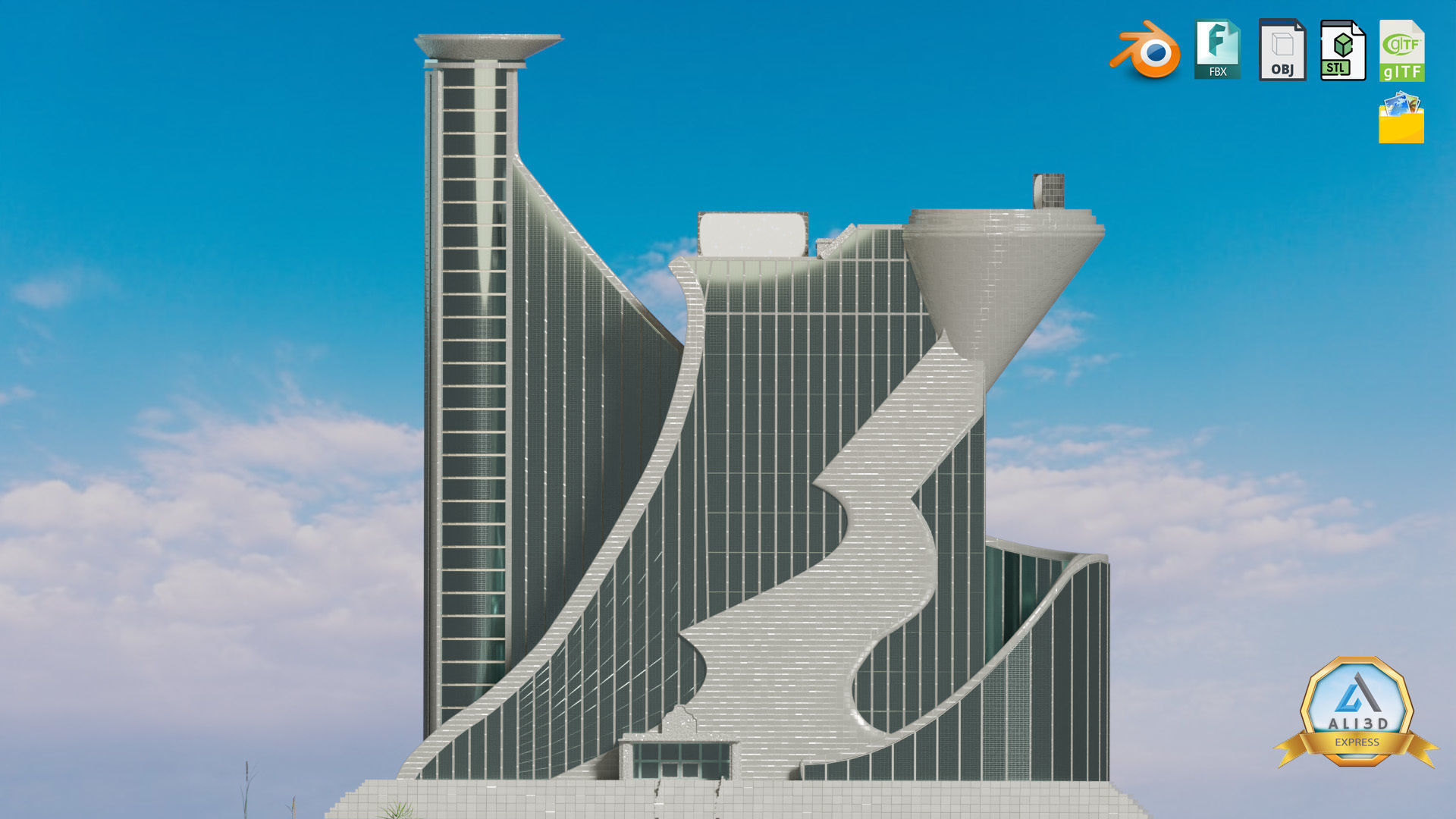 Stylized Dynamic Twin Tower Futuristic Building 3D model_3