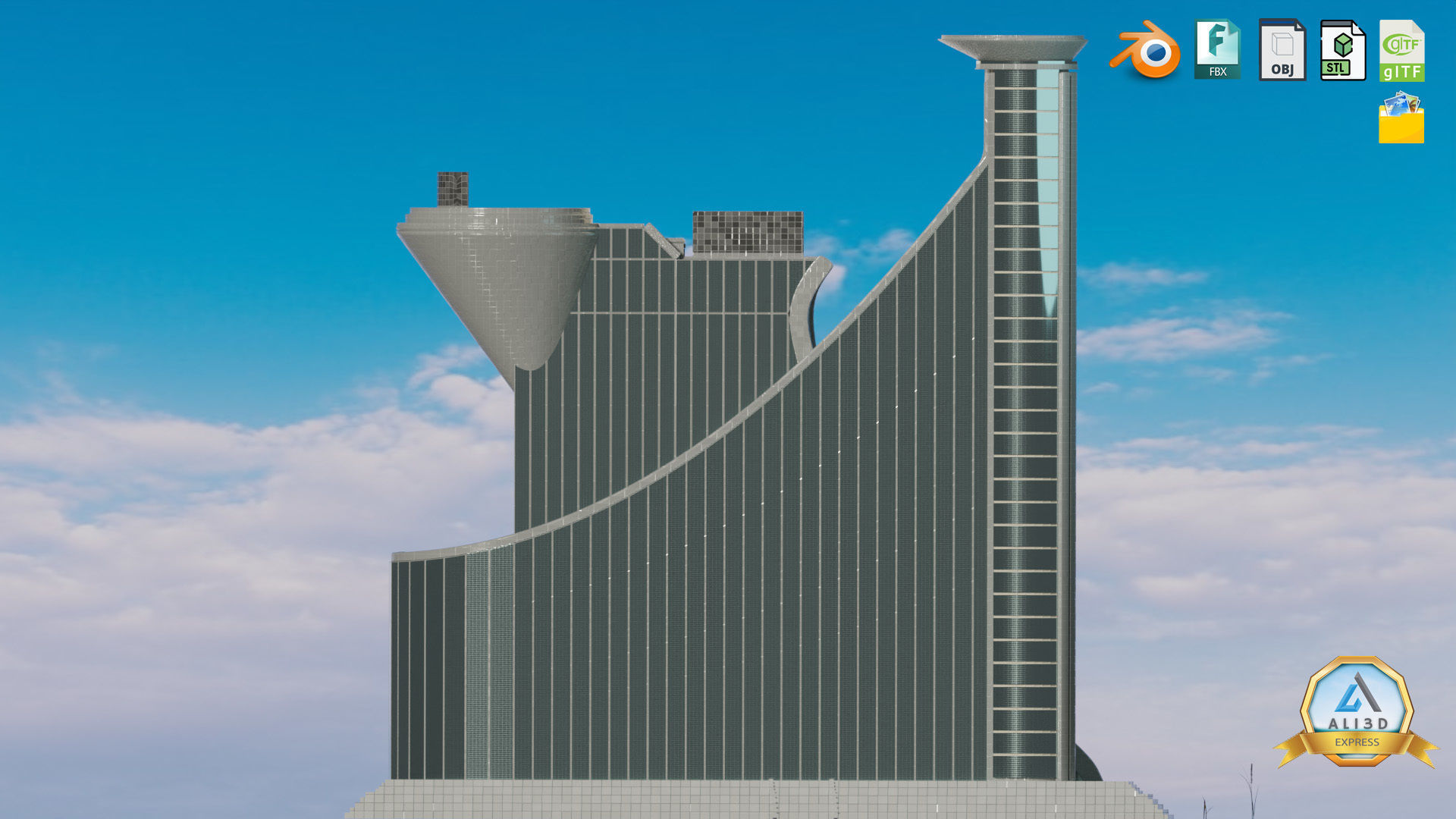 Stylized Dynamic Twin Tower Futuristic Building 3D model_6