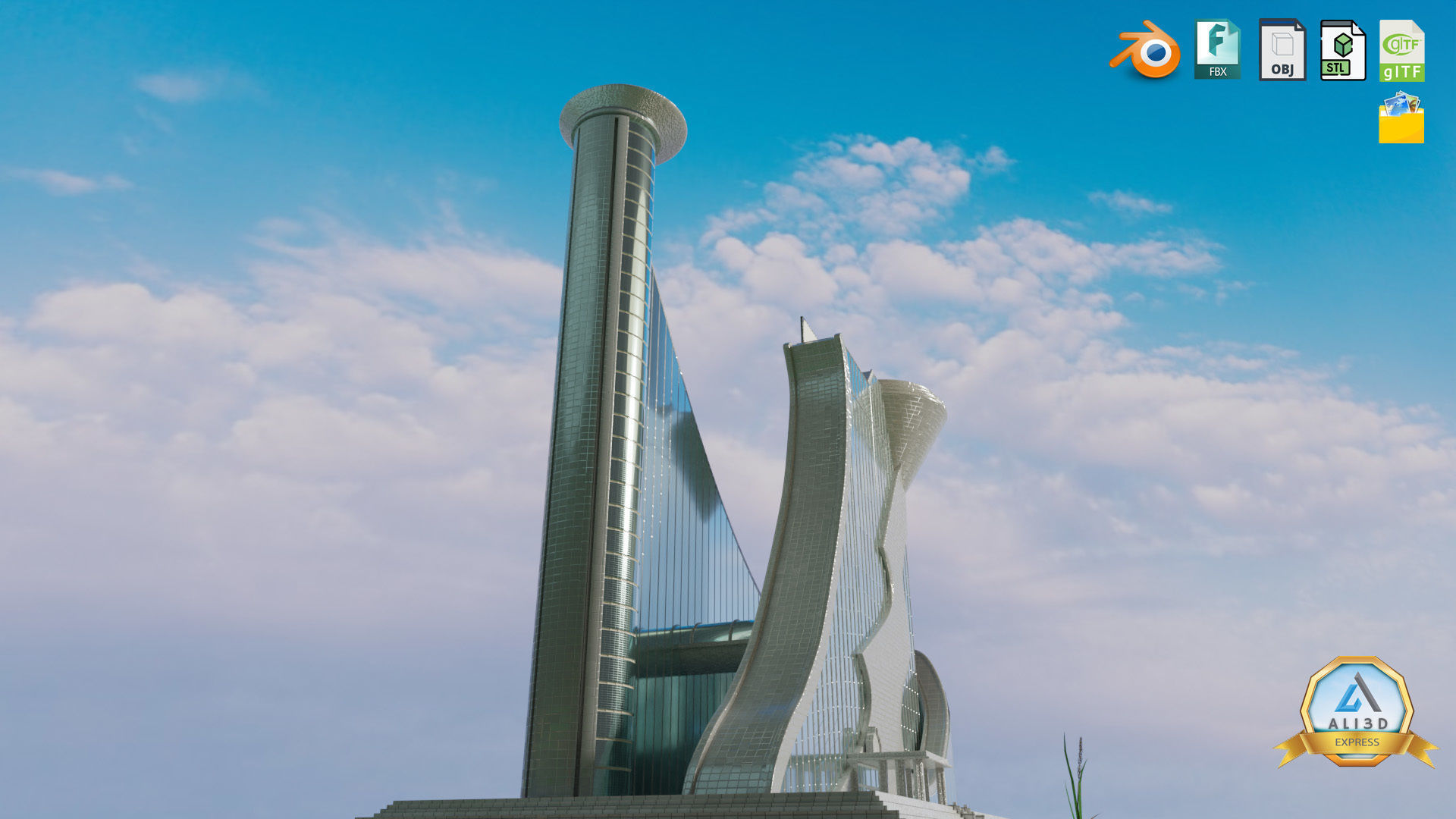 Stylized Dynamic Twin Tower Futuristic Building 3D model_9