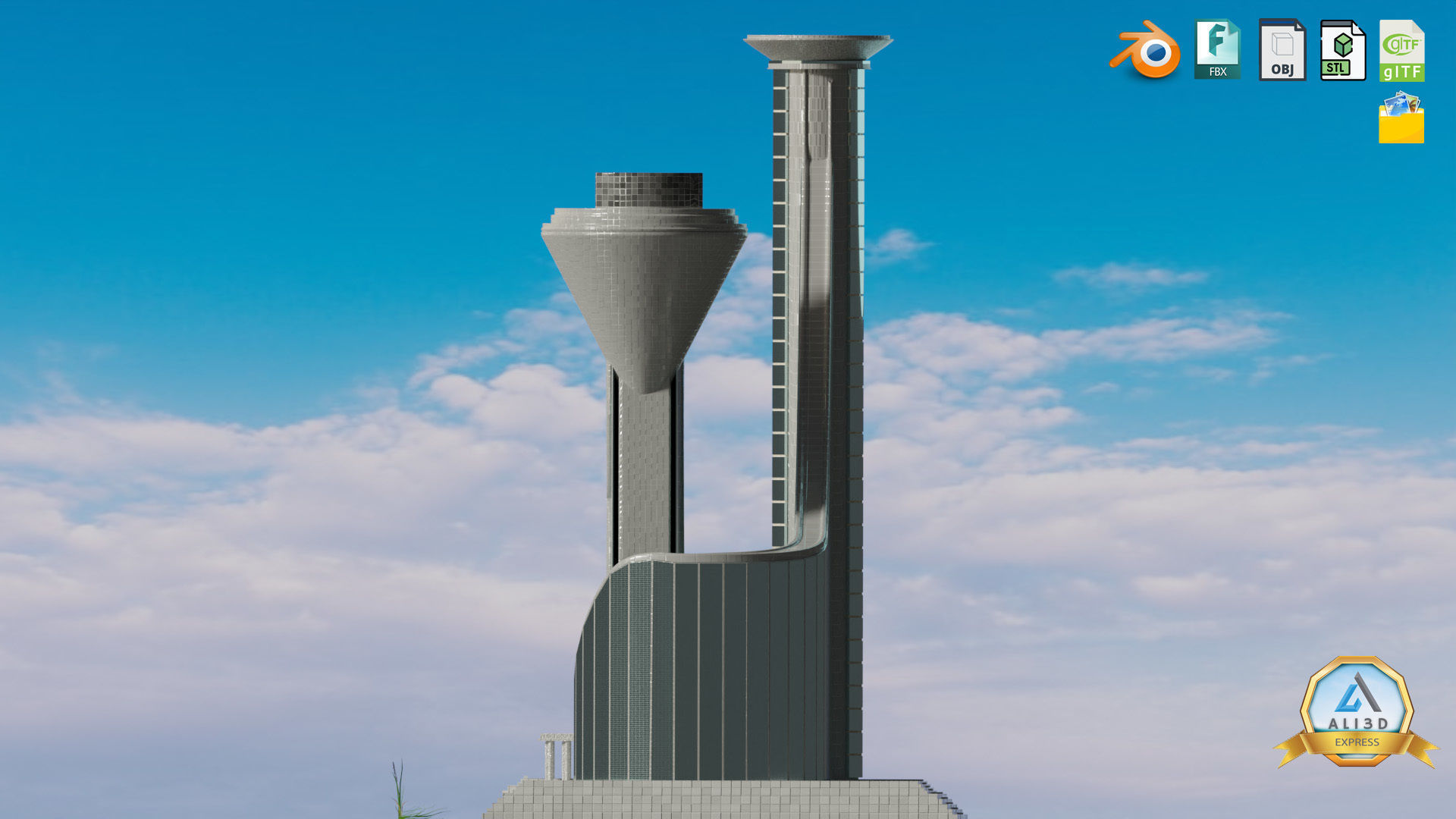 Stylized Dynamic Twin Tower Futuristic Building 3D model_5
