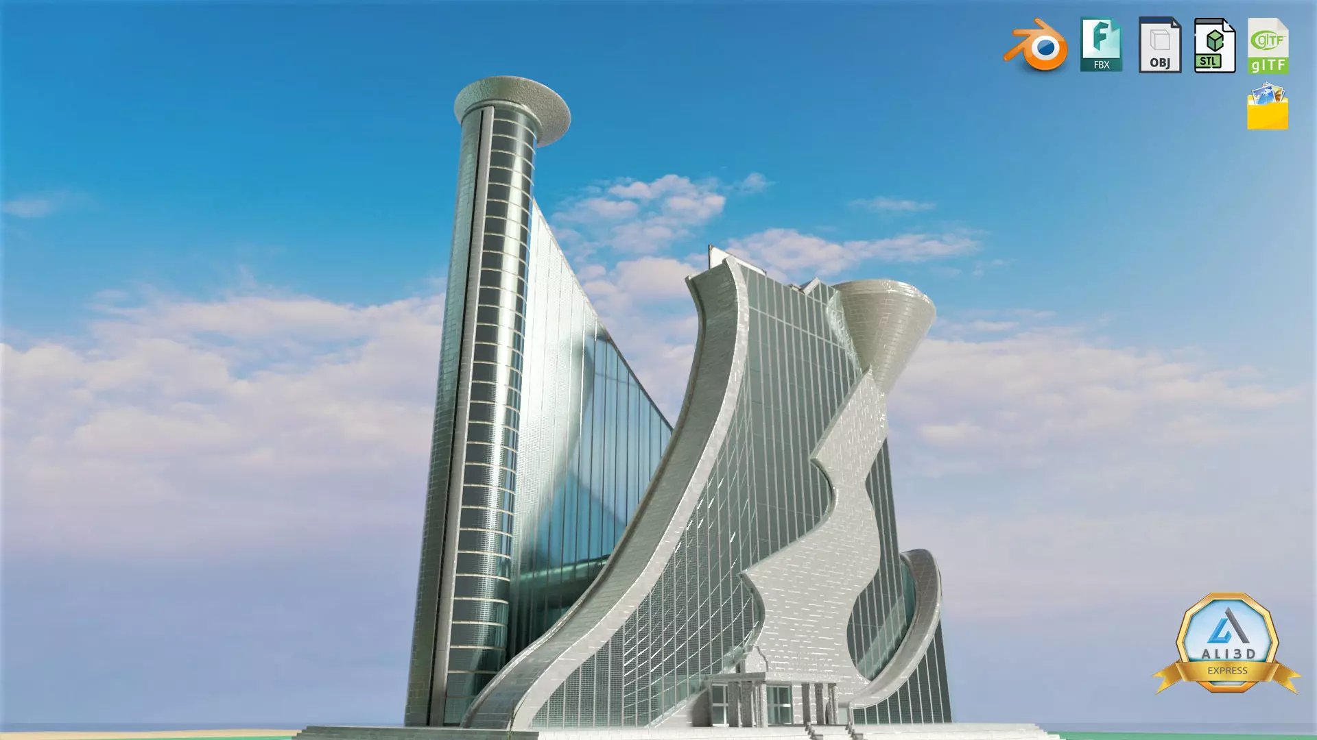 Stylized Dynamic Twin Tower Futuristic Building 3D model_0