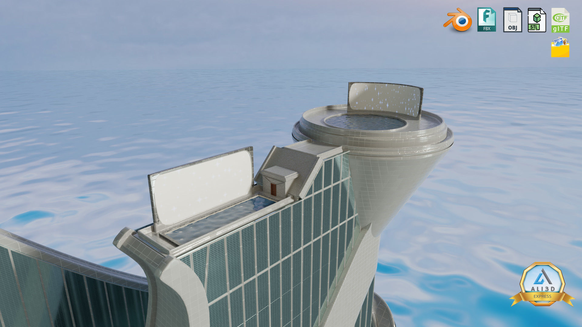 Stylized Dynamic Twin Tower Futuristic Building 3D model_2