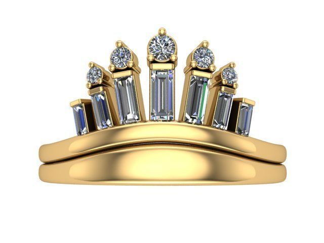 Crown Shaped Ring With Round and Baguette Straight Diamonds 3D print model_2