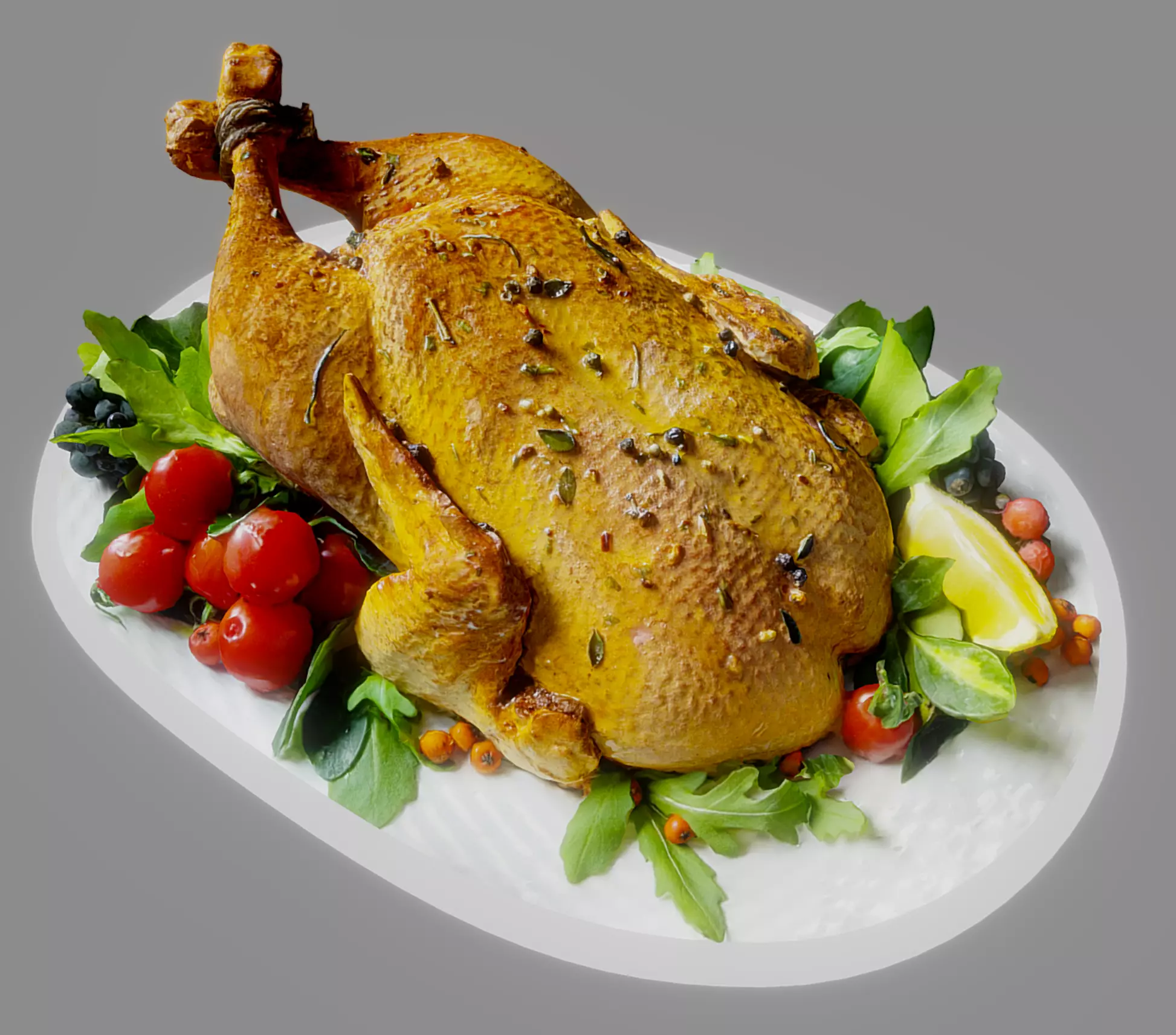 Chicken roast turkey on plate with vegetables 3D model_0