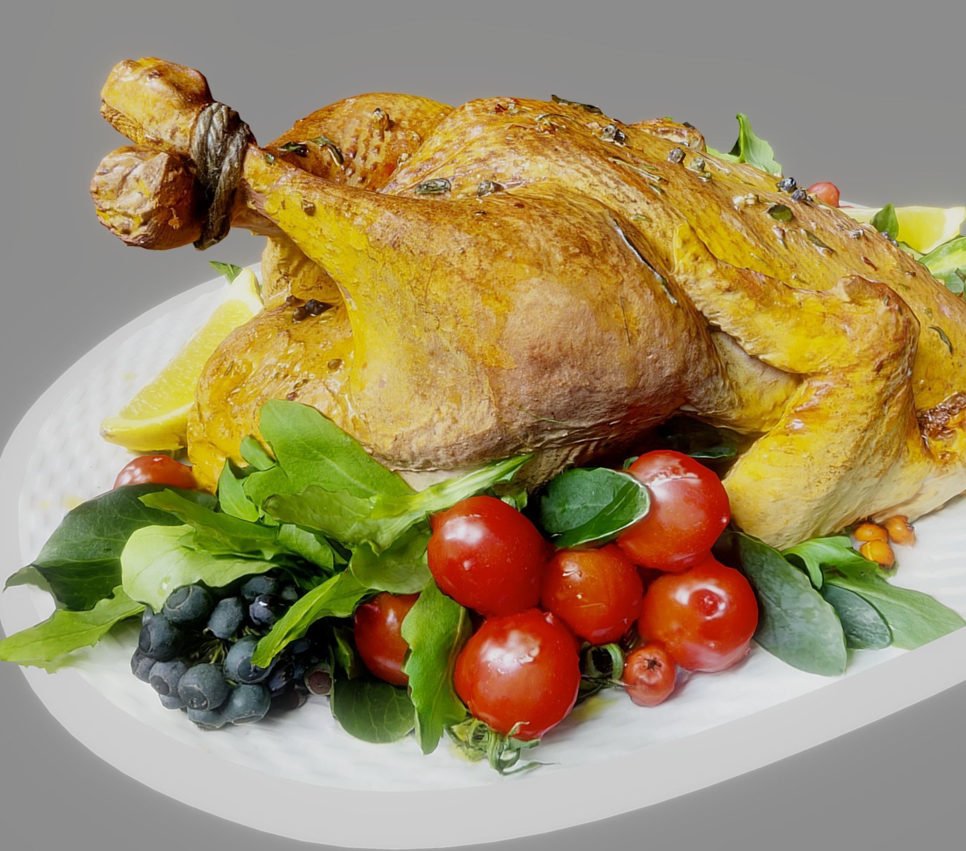 Chicken roast turkey on plate with vegetables 3D model_2