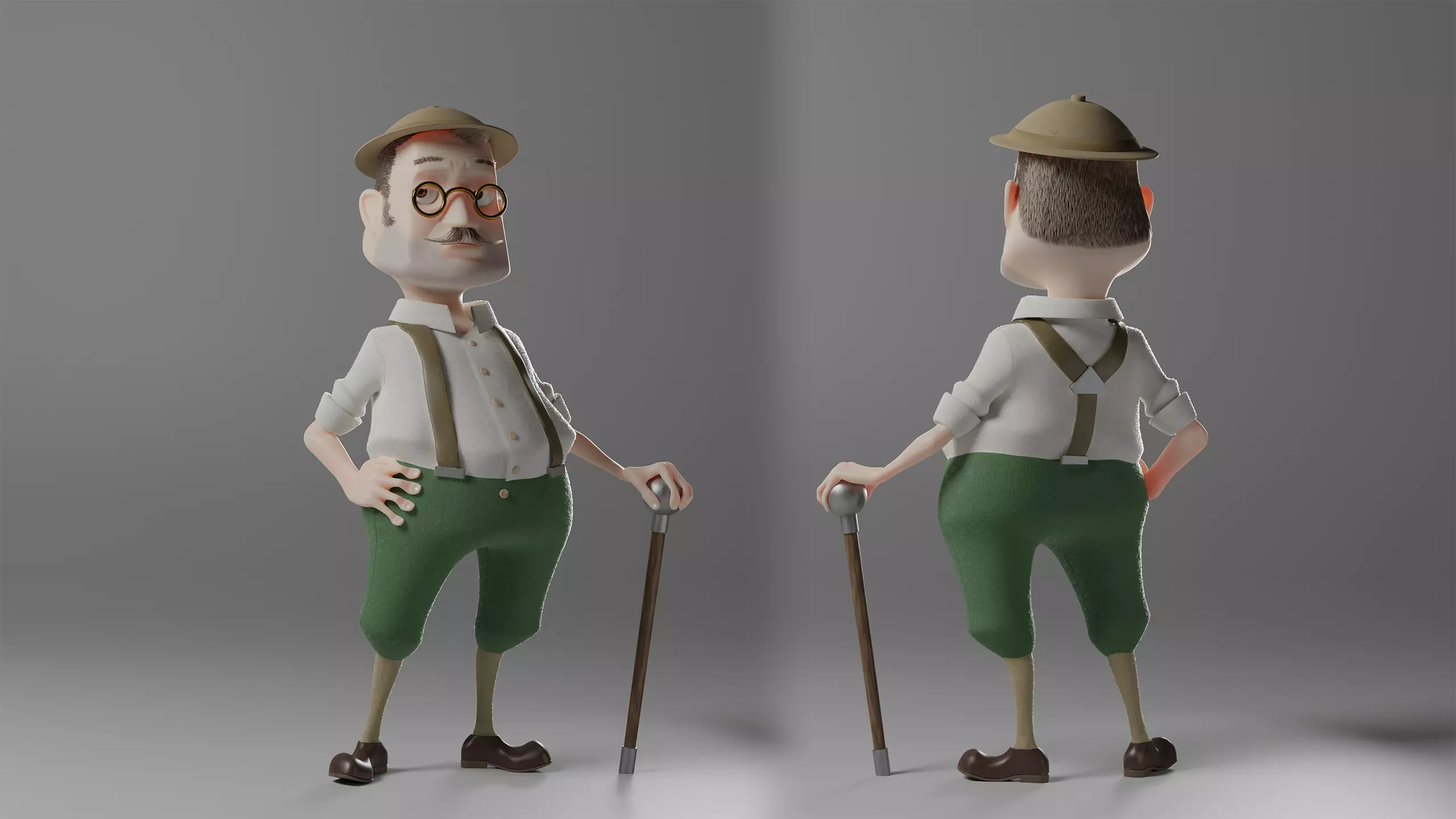 Adventurer old man with cane 3D model