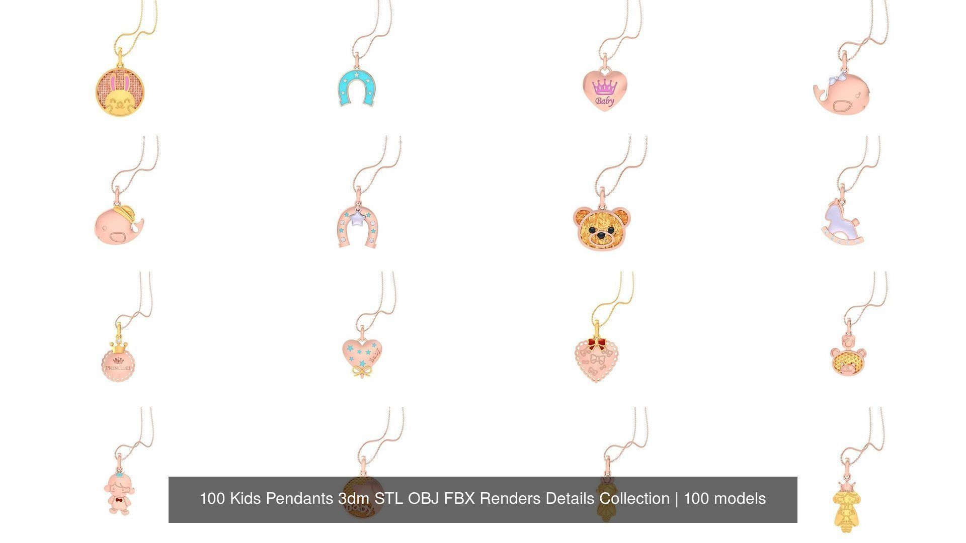 100 Kids Pendants 3dm STL OBJ FBX Renders Details Collection _6