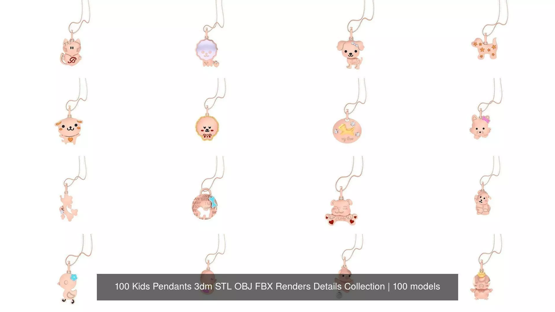 100 Kids Pendants 3dm STL OBJ FBX Renders Details Collection _0