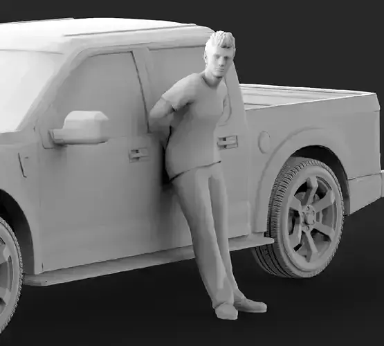 Hombre recostado sobre camioneta