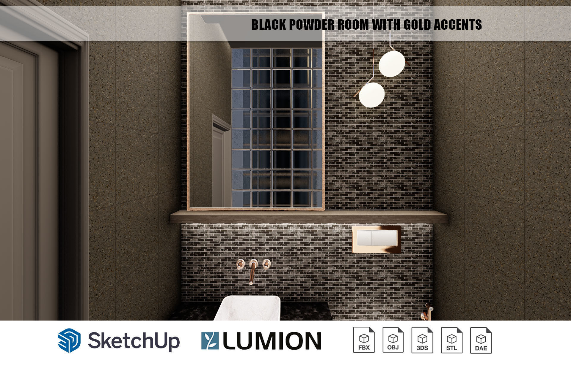Black powder room with gold accents interior scene 3D model CGTrader