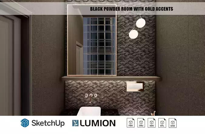 Black powder room with gold accents interior scene