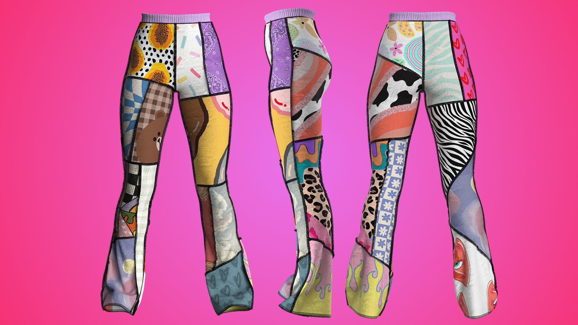 Patchwork High-waisted Knit Pants Fitted to Gen8 Body Mesh 3D model_4