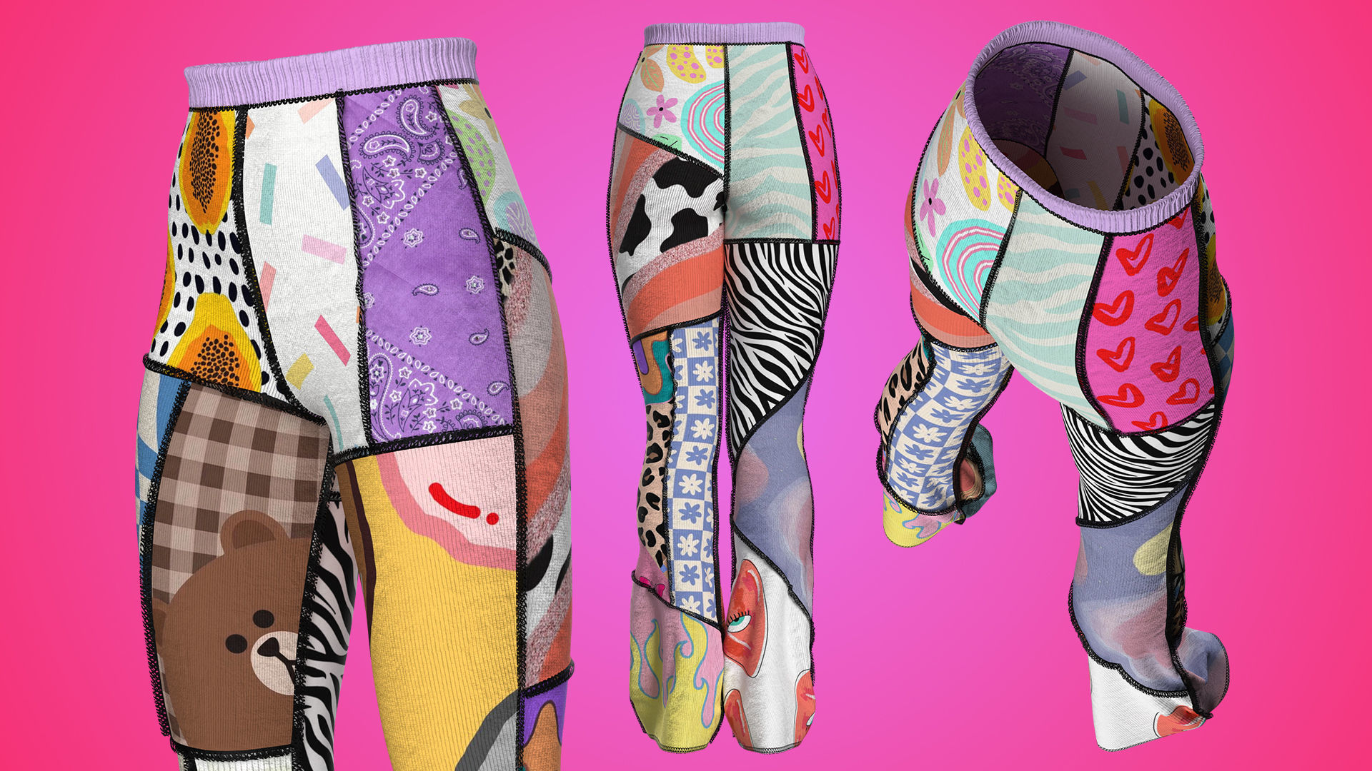 Patchwork High-waisted Knit Pants Fitted to Gen8 Body Mesh 3D model_2