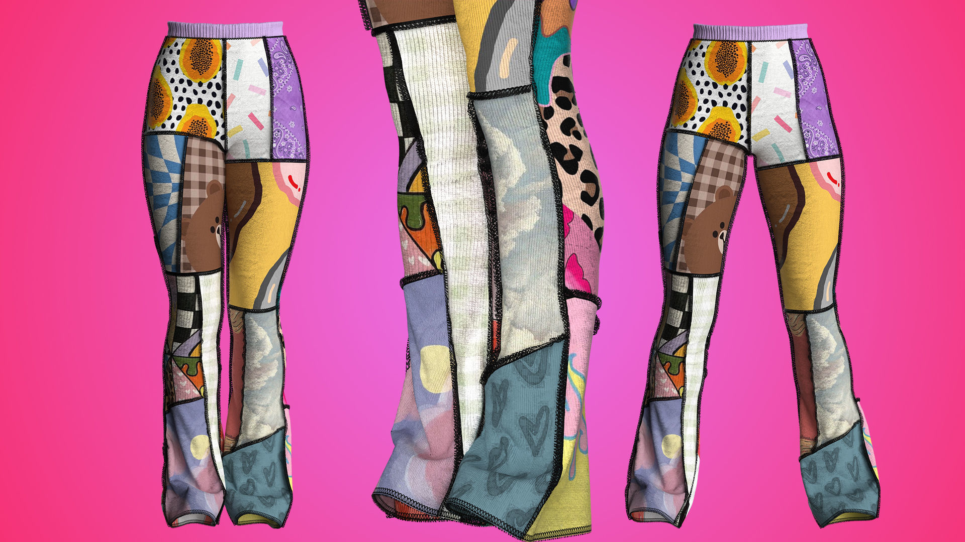 Patchwork High-waisted Knit Pants Fitted to Gen8 Body Mesh 3D model_6