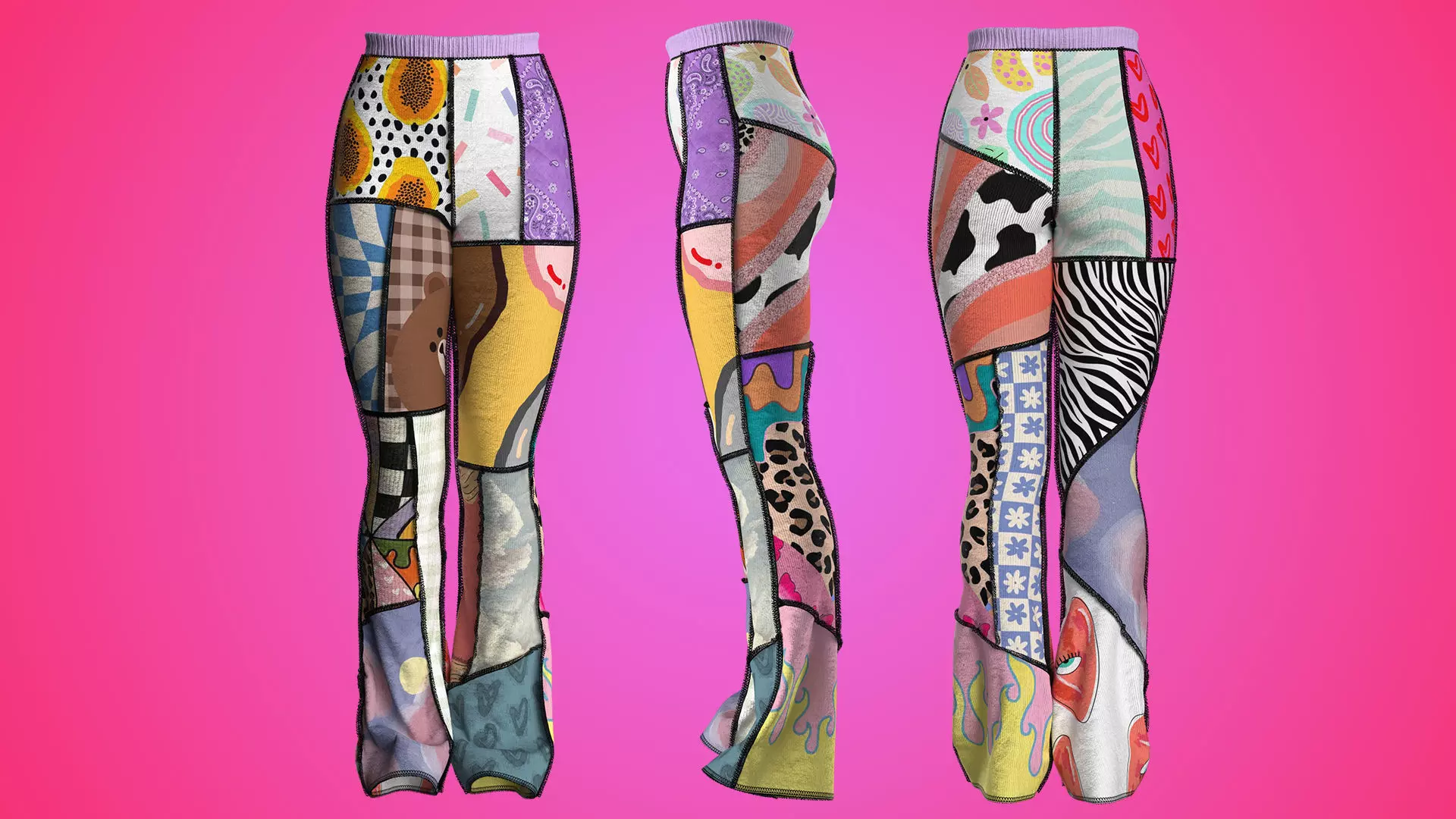 Patchwork High-waisted Knit Pants Fitted to Gen8 Body Mesh 3D model_0