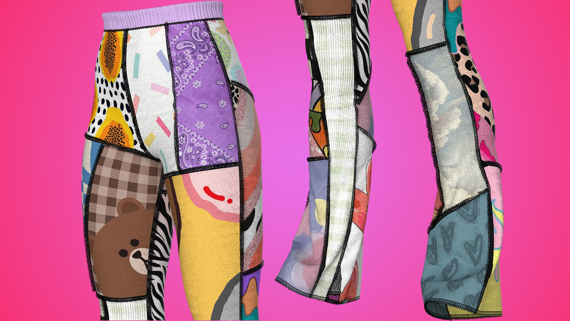 Patchwork High-waisted Knit Pants Fitted to Gen8 Body Mesh 3D model_5