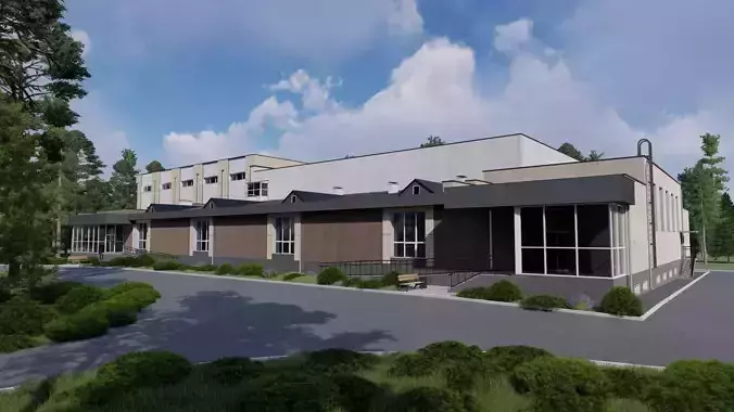 3D model of a public building with a swimming pool interior