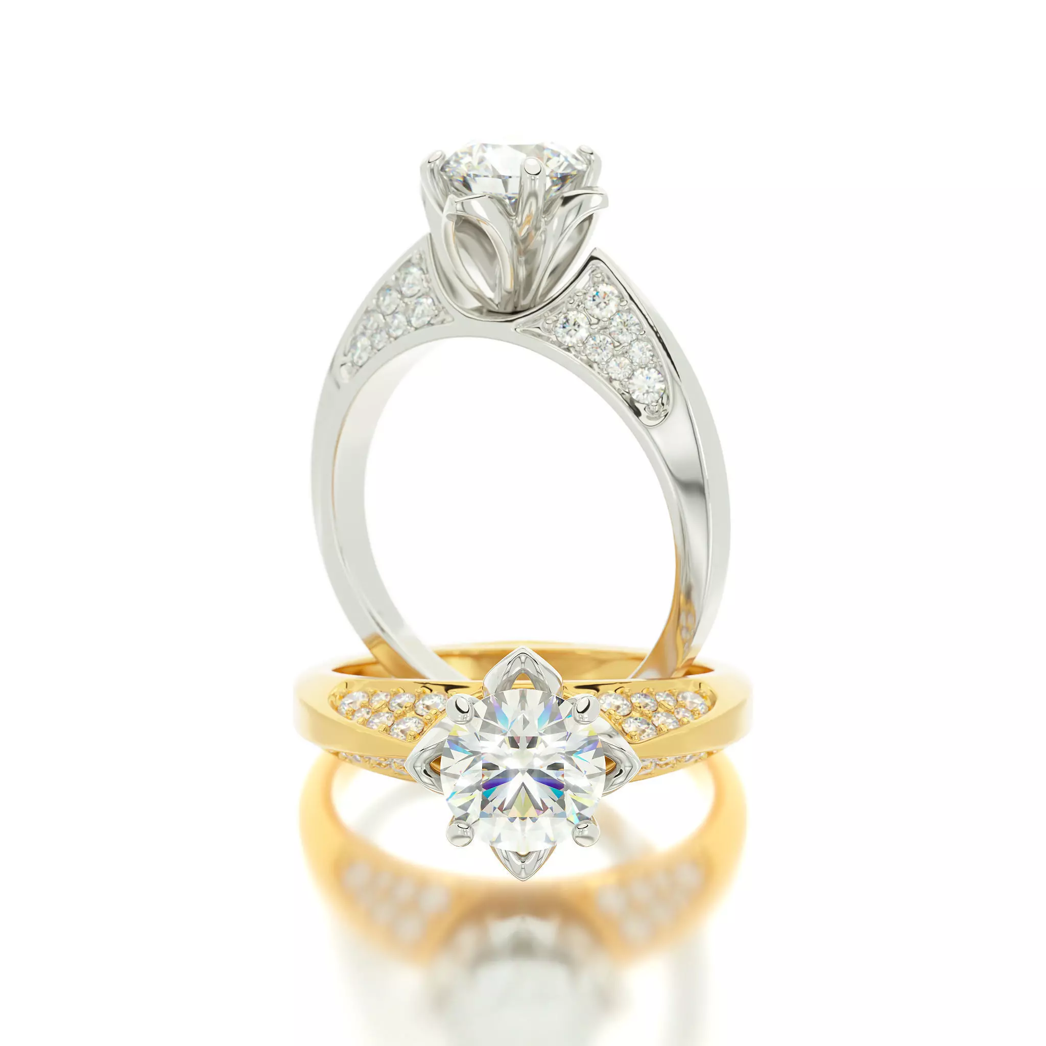 two tones flower engagement ring with 1ct diamond 3D print model