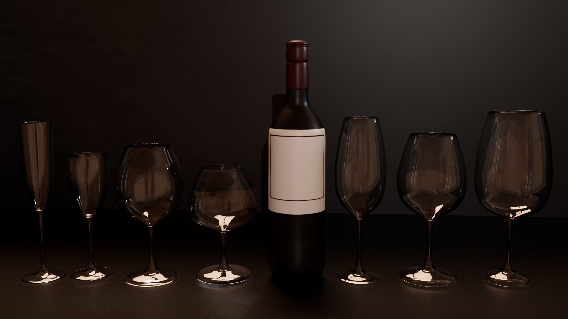 Wine bottle and wine glasses 3D model_2