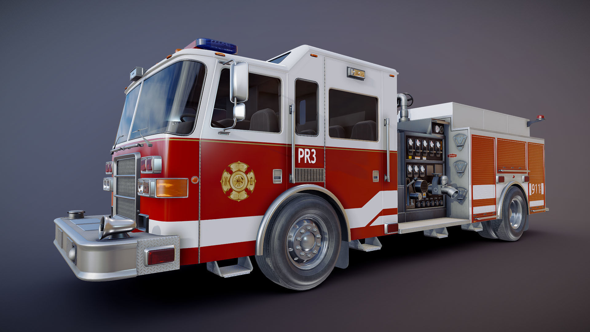 American Fire Truck Low-poly 3D model_25