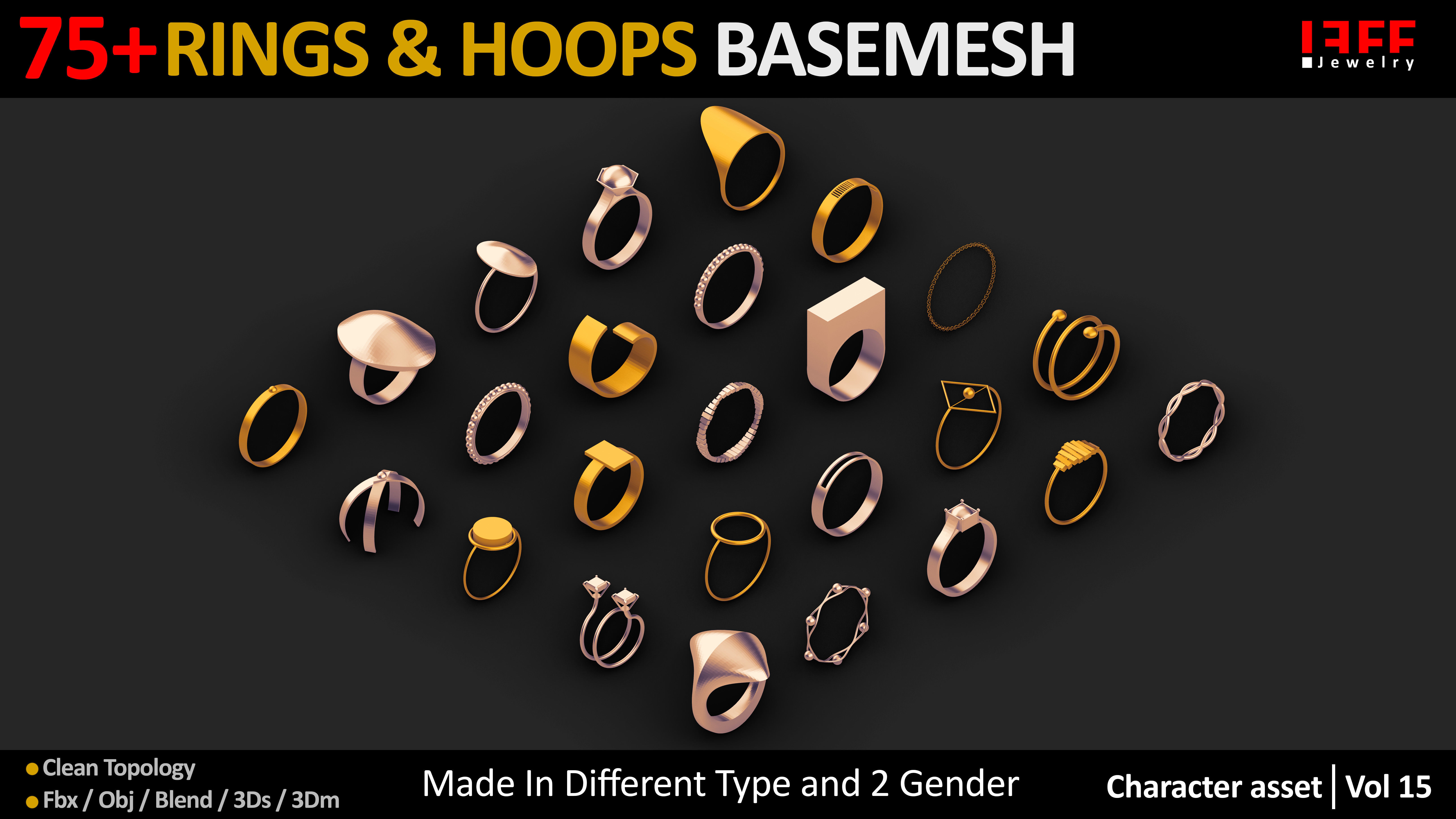 75 Rings jewelry Basemesh  Low-poly 3D model_2