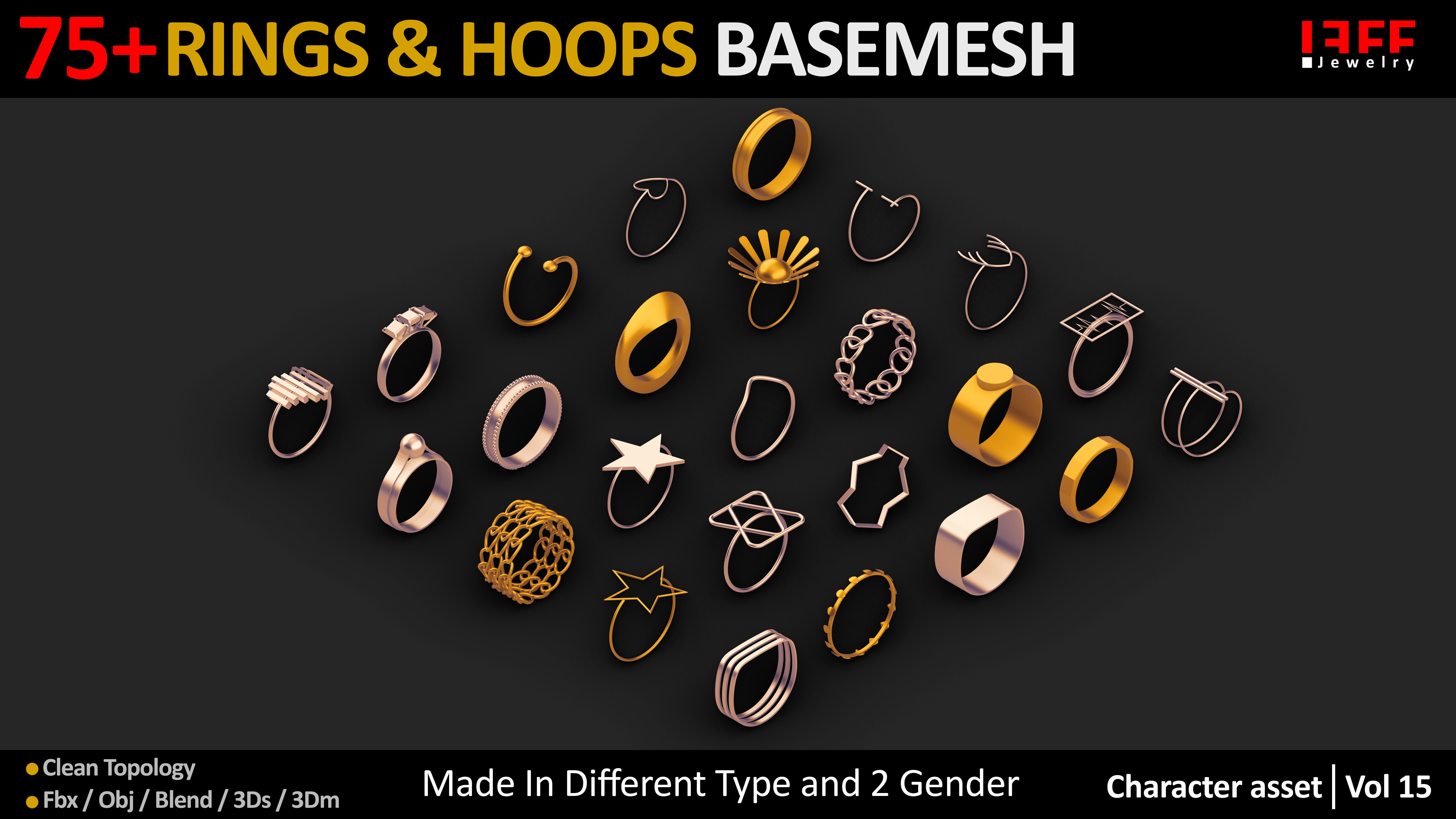 75 Rings jewelry Basemesh  Low-poly 3D model_3