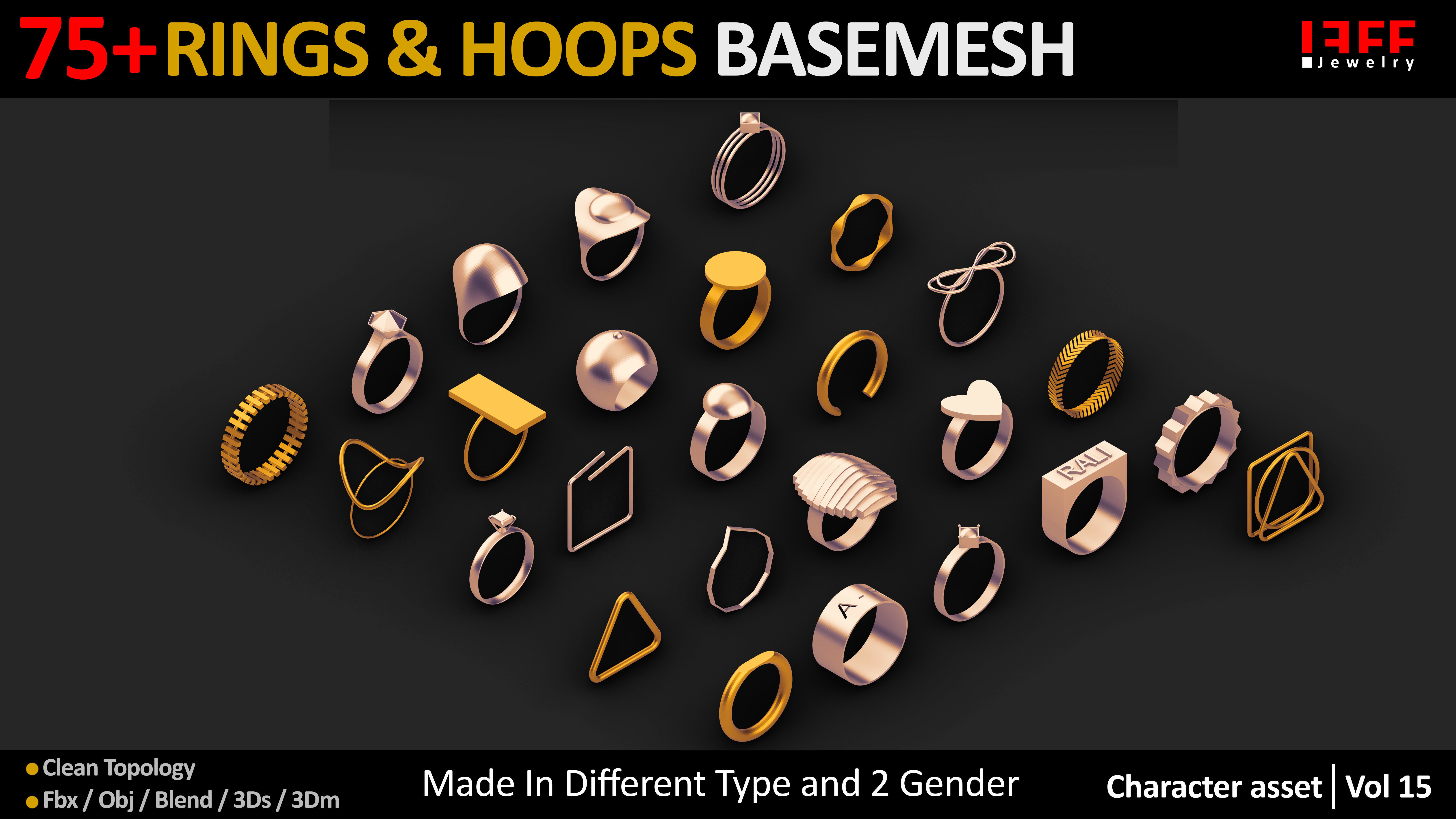 75 Rings jewelry Basemesh  Low-poly 3D model_4