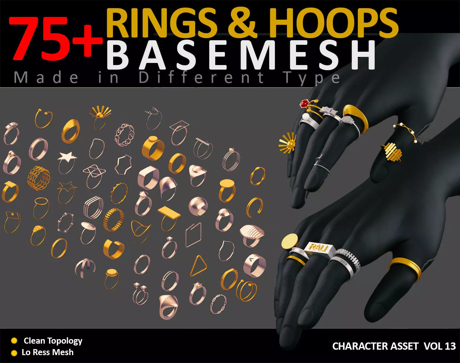 75 Rings jewelry Basemesh  Low-poly 3D model_0