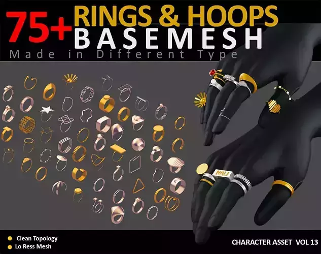 75 Rings jewelry Basemesh  Low-poly 3D model