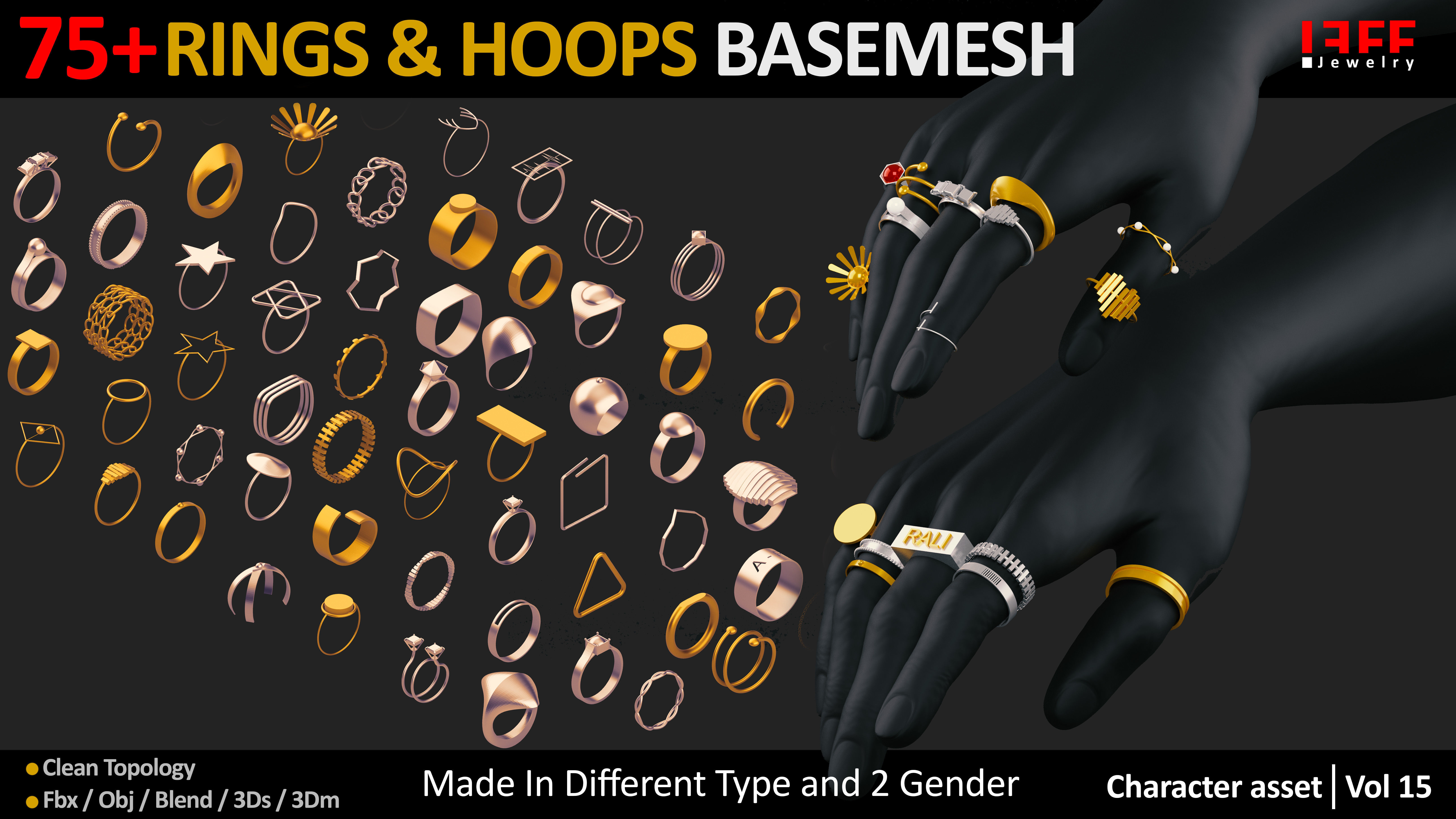 75 Rings jewelry Basemesh  Low-poly 3D model_5