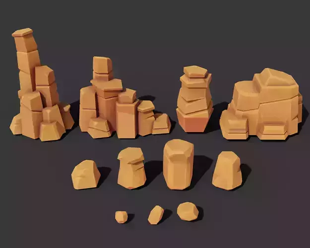 11 Lowpoly Stylized Rock Formations Set