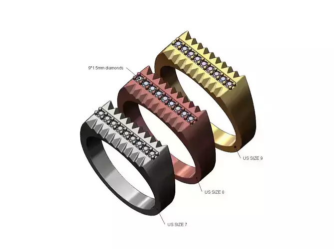 Jagged sides rectangular top diamond ring US sizes 7 8 9 3D print model