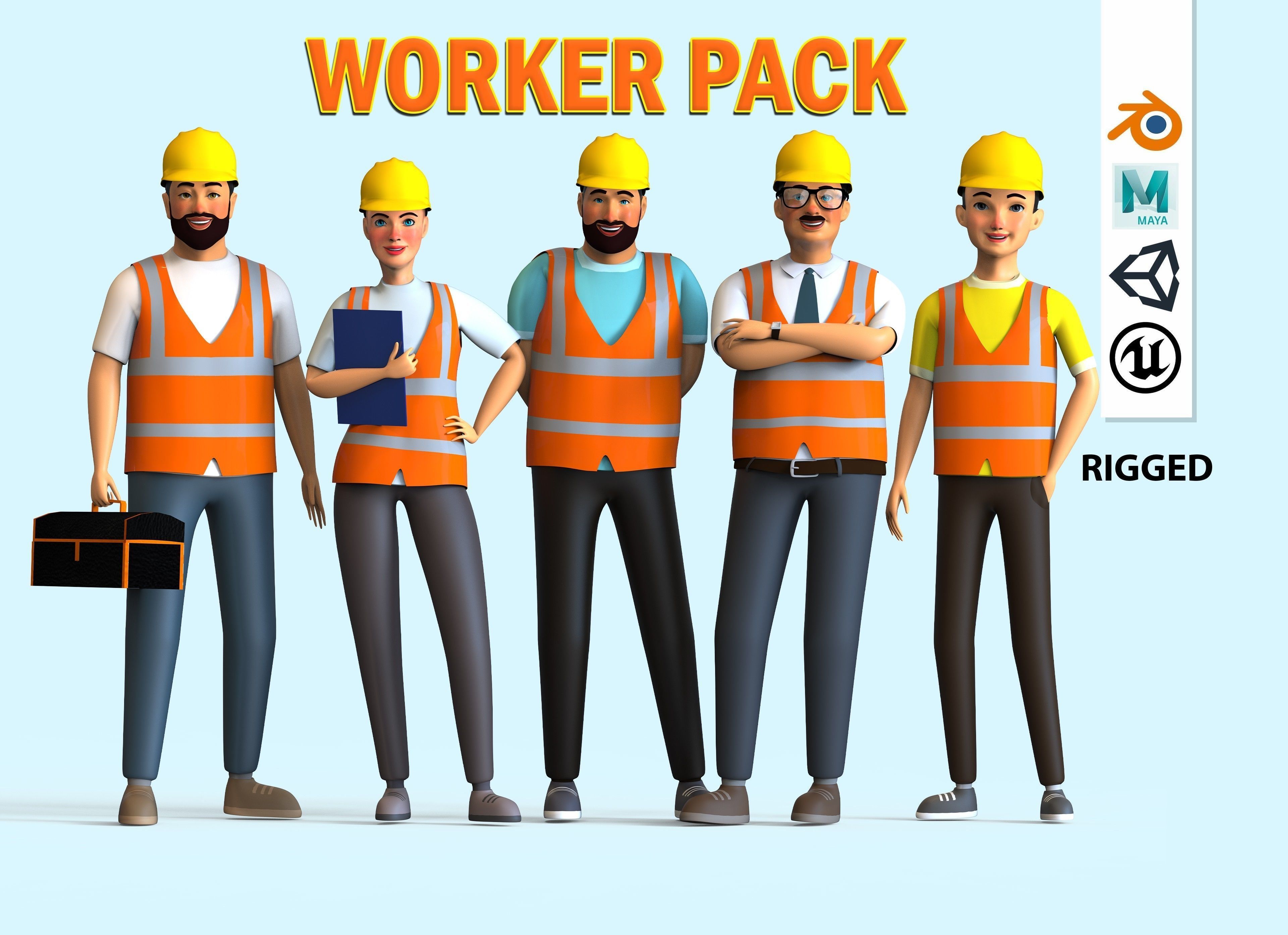cartoon character Worker pack Low-poly 3D model_113