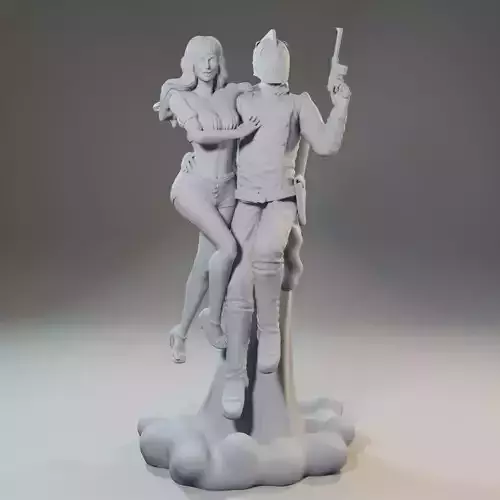 Rocketeer statue of couple holding hands