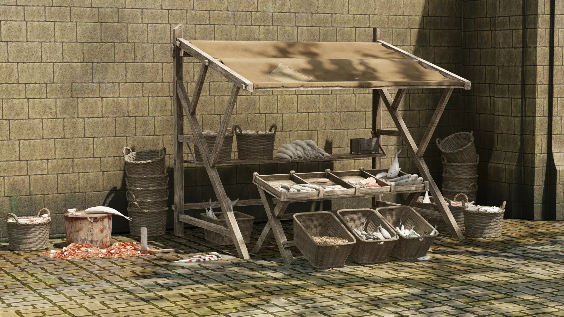 Medieval Fish Shop Low-poly 3D model_0