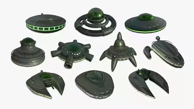 10 Alien Spaceships UFO Collection E Green - Spacecraft 