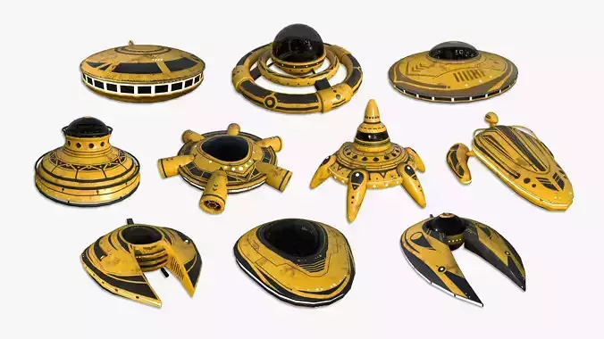 10 Alien Spaceships UFO Collection H Yellow - Spacecraft Design 