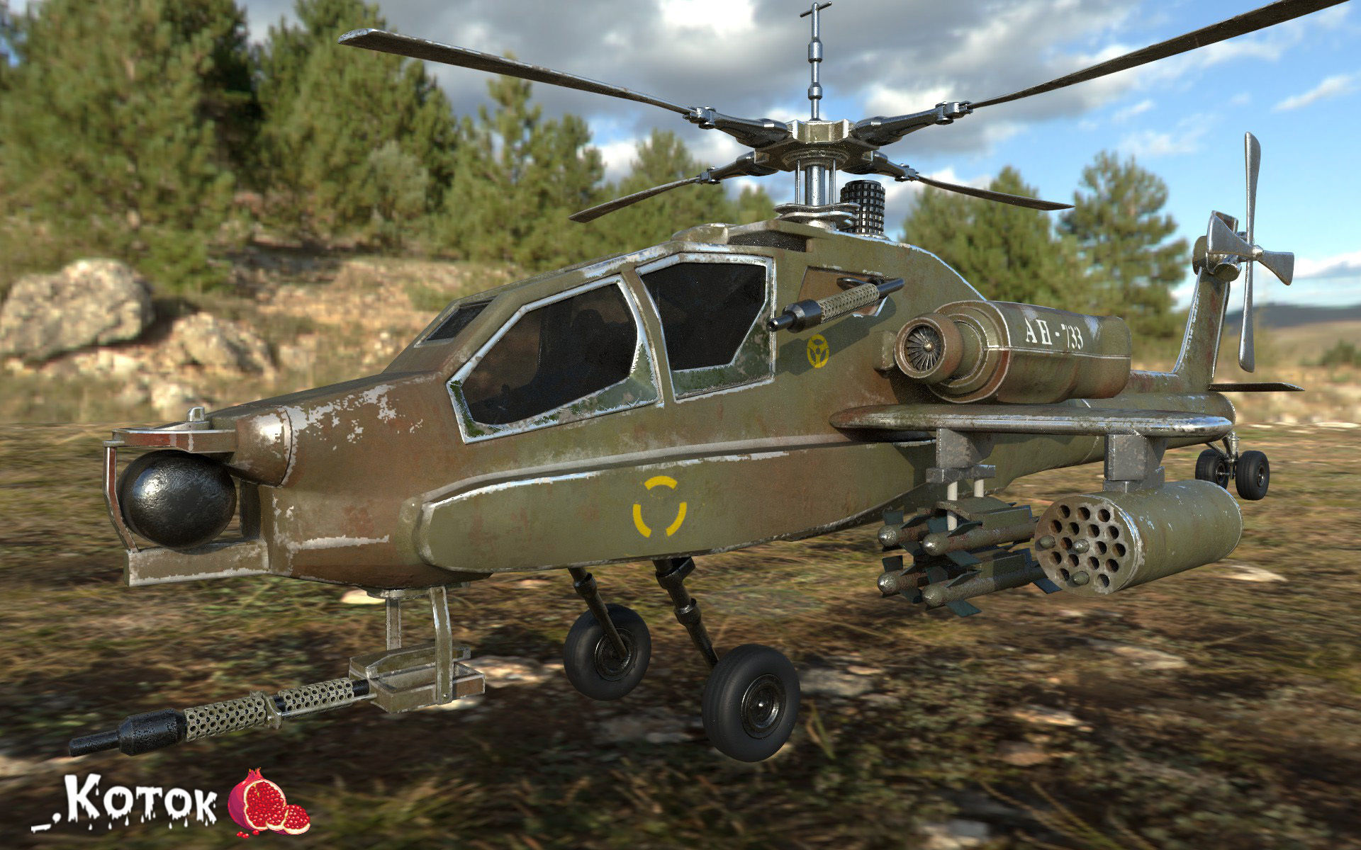 Apache military helicopter flying in sky Free low-poly 3D model_1