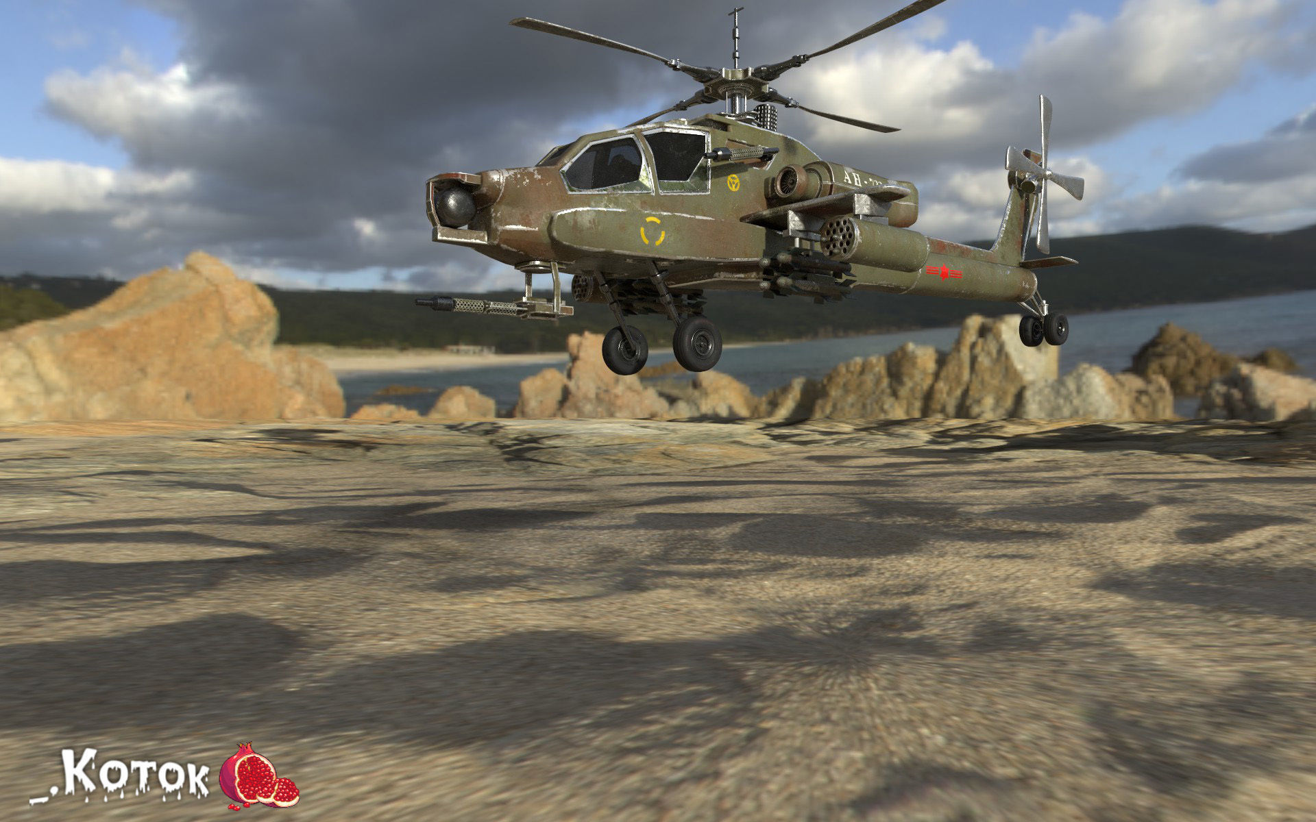 Apache military helicopter flying in sky Free low-poly 3D model_7