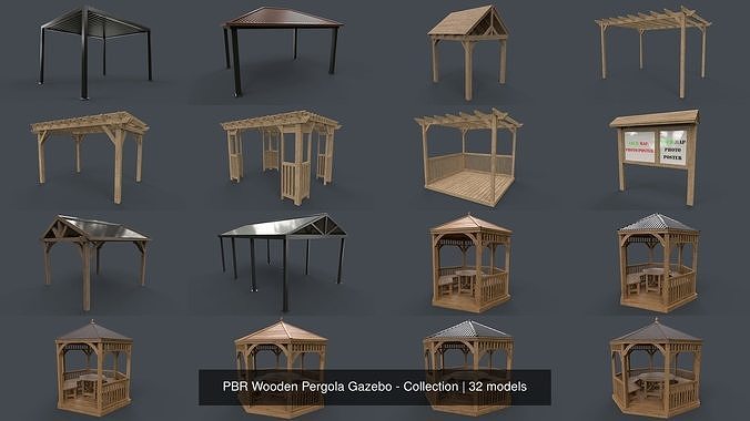 PBR Wooden Pergola Gazebo - Collection 3D Model Pack 3