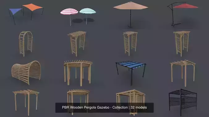 PBR Wooden Pergola Gazebo - Collection 3D Model Pack 2