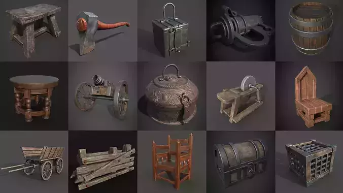 MEDIEVAL ENVIORNMENT HIGH QUALITY GAME ASSETS PACK 17 IN 1 Low-poly 3D model