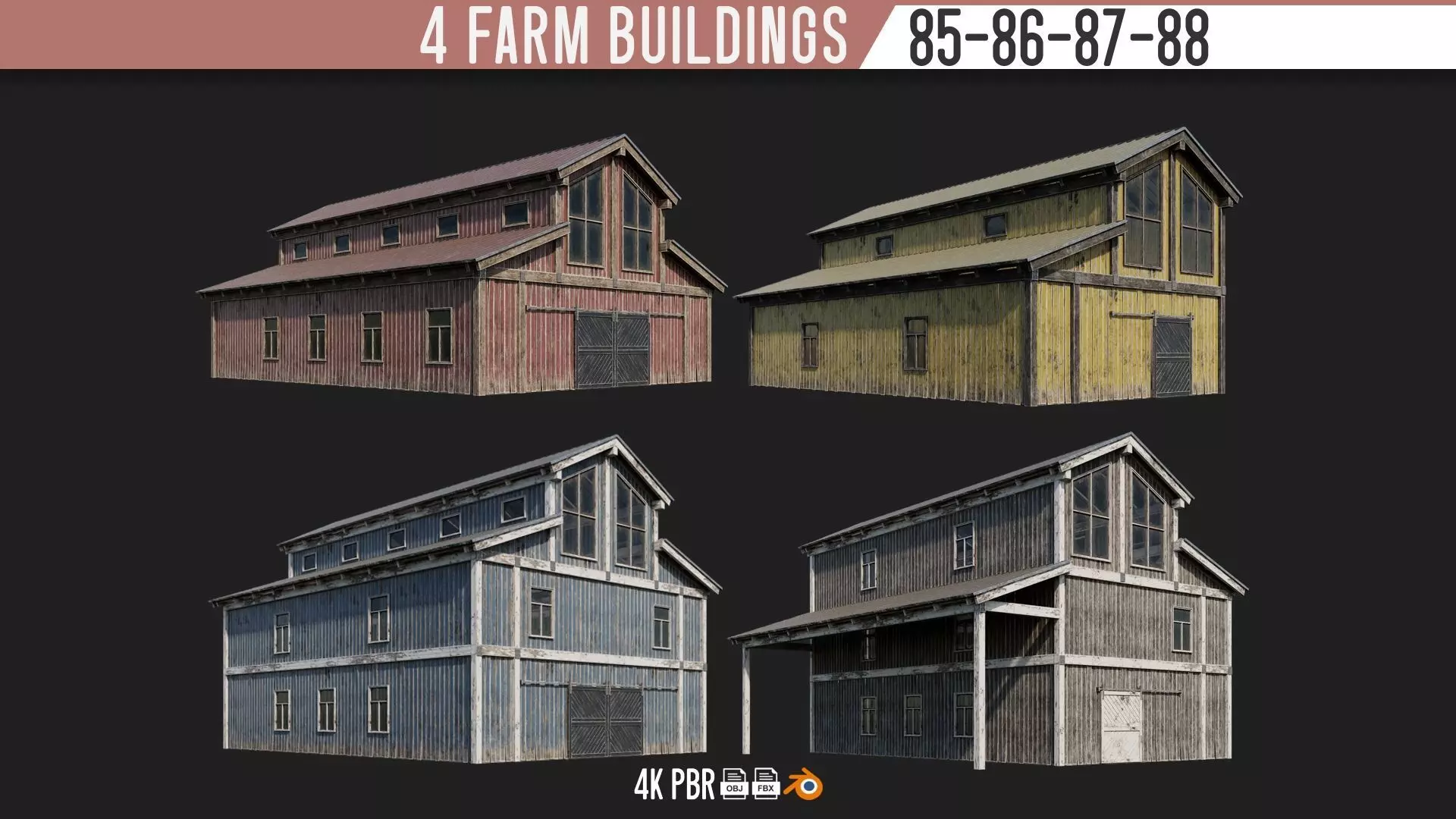 85-86-87-88 - Farm Buildings 4K PBR GameReady Low-poly 3D model