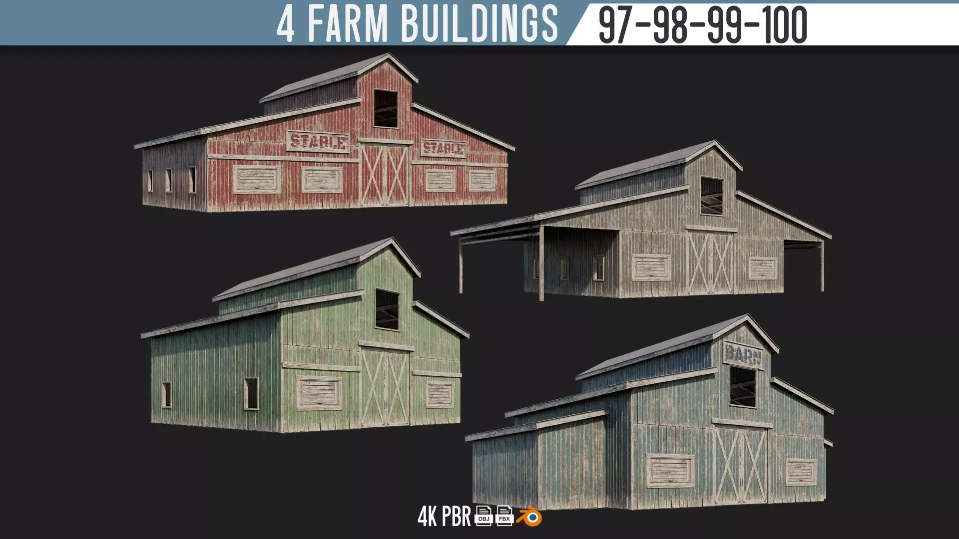97-98-99-100 - Farm Buildings 4K PBR GameReady Low-poly 3D model