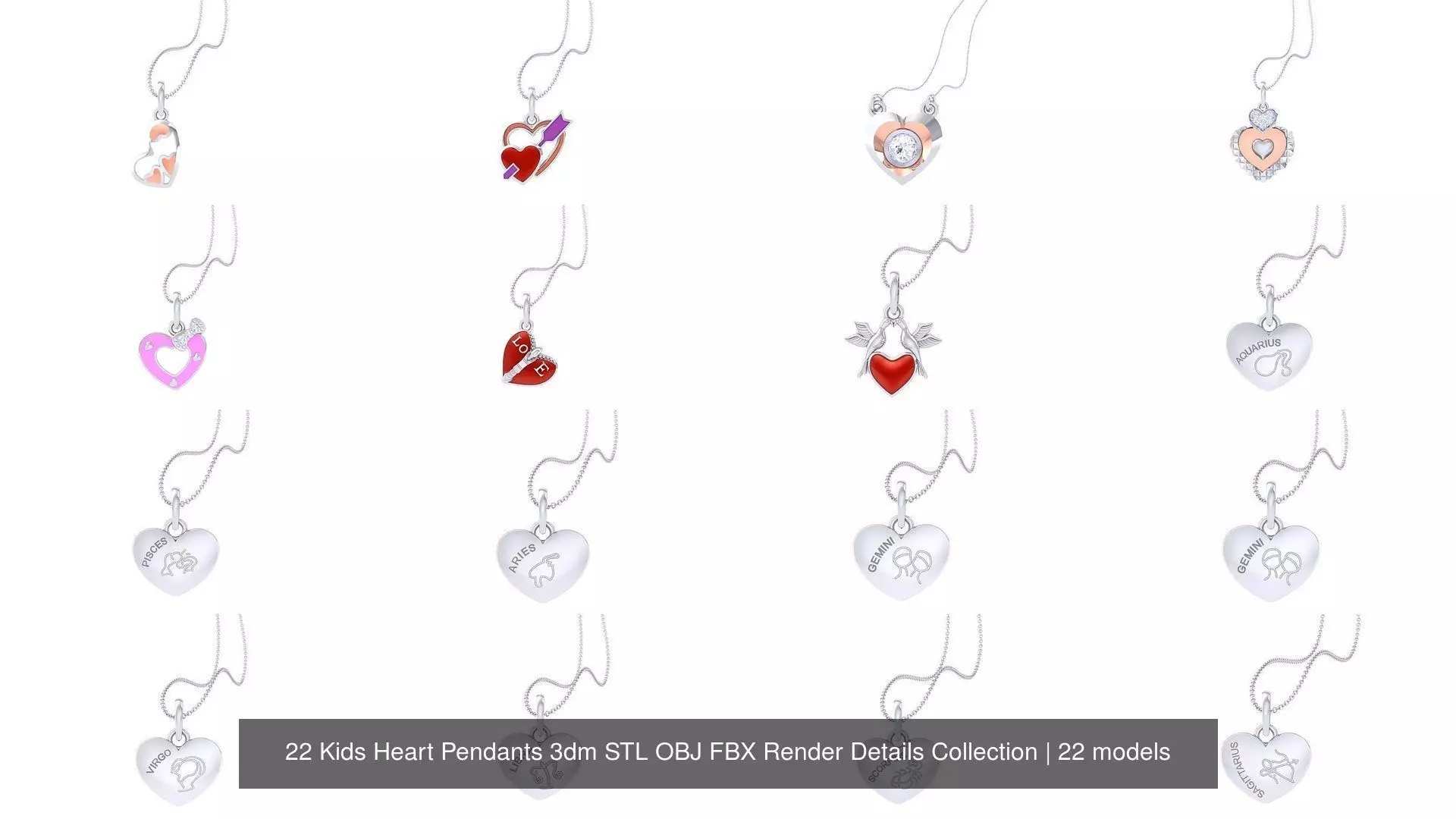 22 Kids Heart Pendants 3dm STL OBJ FBX Render Details Collection _0