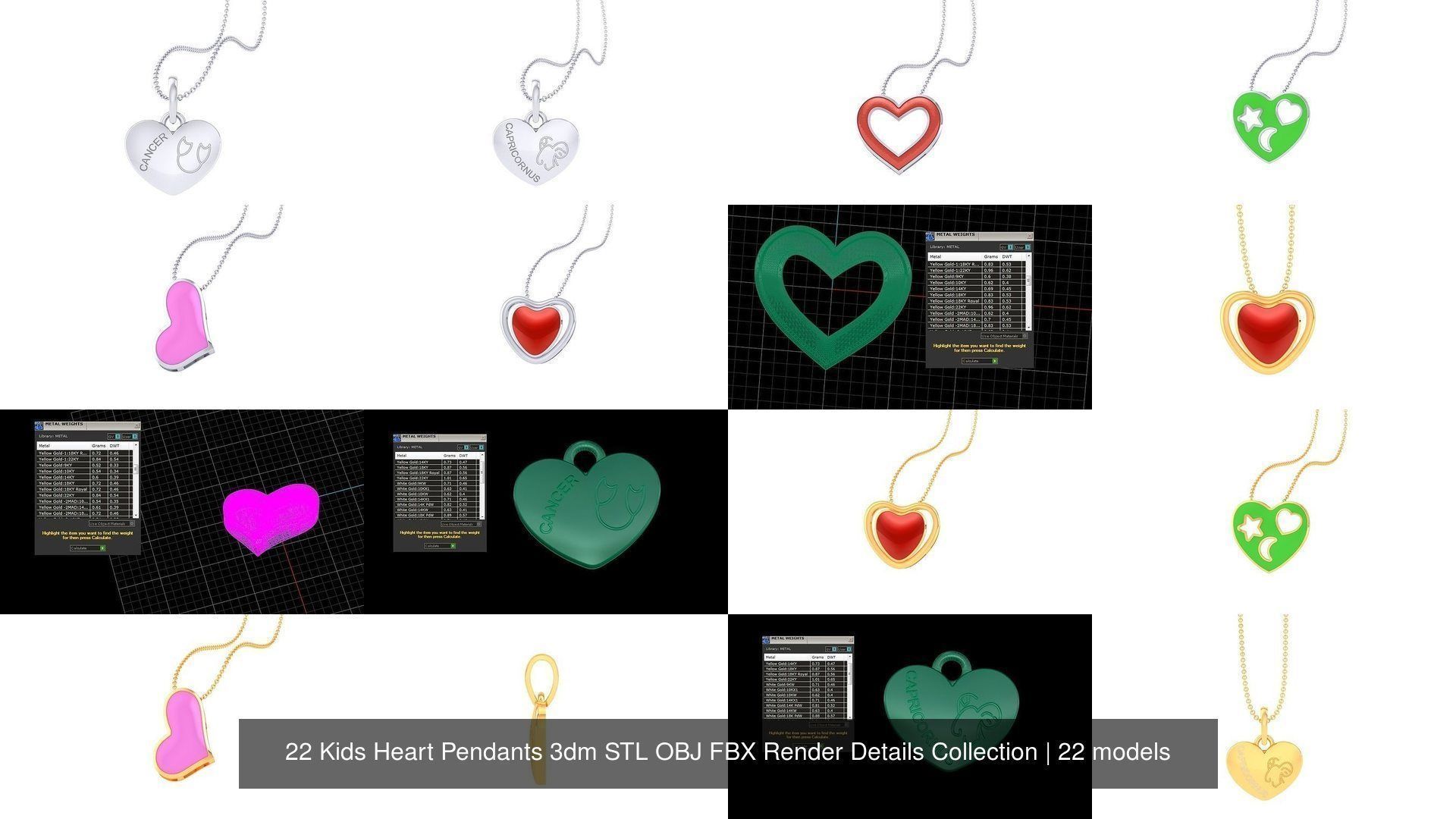 22 Kids Heart Pendants 3dm STL OBJ FBX Render Details Collection _2