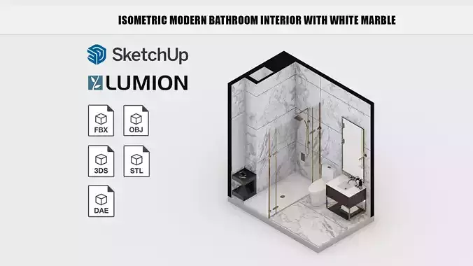 Isometric modern bathroom interior with white marble
