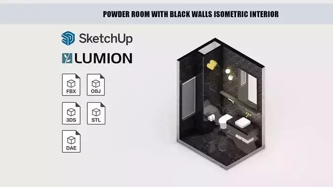 Powder Room with Black Walls isometric interior