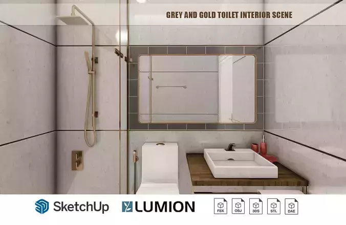 Grey and gold toilet interior scene